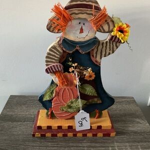 Charming Scarecrow Figurine with Pumpkin and Flowers